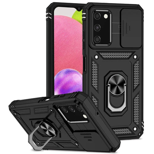For Samsung Galaxy A03s (165.8mm) (US) Ring Kickstand Phone Case Hard PC + TPU Shockproof Anti-drop Shell with Slide Camera Protection Cover - Black - 1