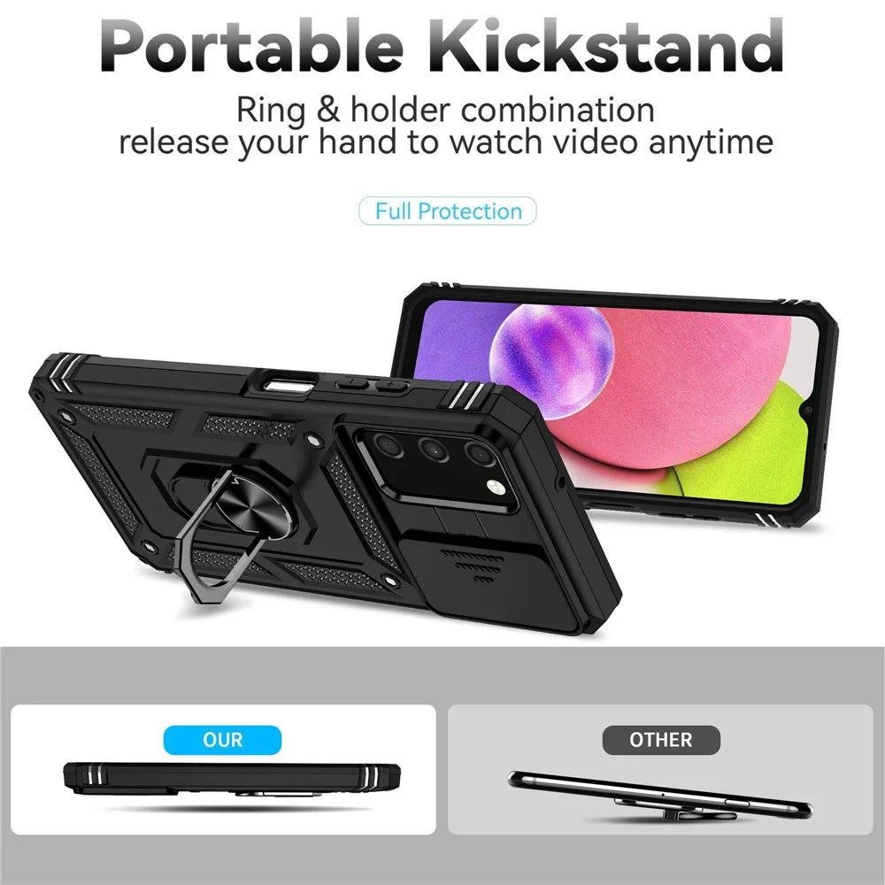 For Samsung Galaxy A03s (165.8mm) (US) Ring Kickstand Phone Case Hard PC + TPU Shockproof Anti-drop Shell with Slide Camera Protection Cover - Black - 2