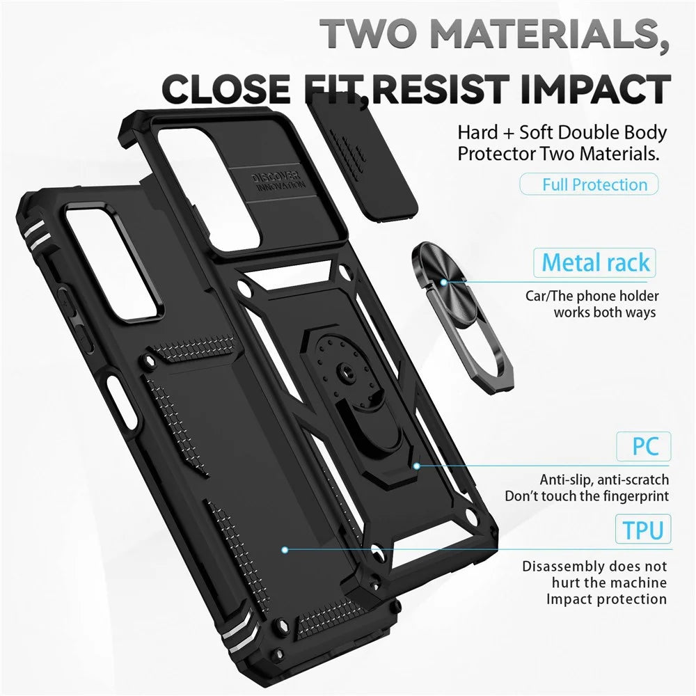 For Samsung Galaxy A03s (165.8mm) (US) Ring Kickstand Phone Case Hard PC + TPU Shockproof Anti-drop Shell with Slide Camera Protection Cover - Black - 4