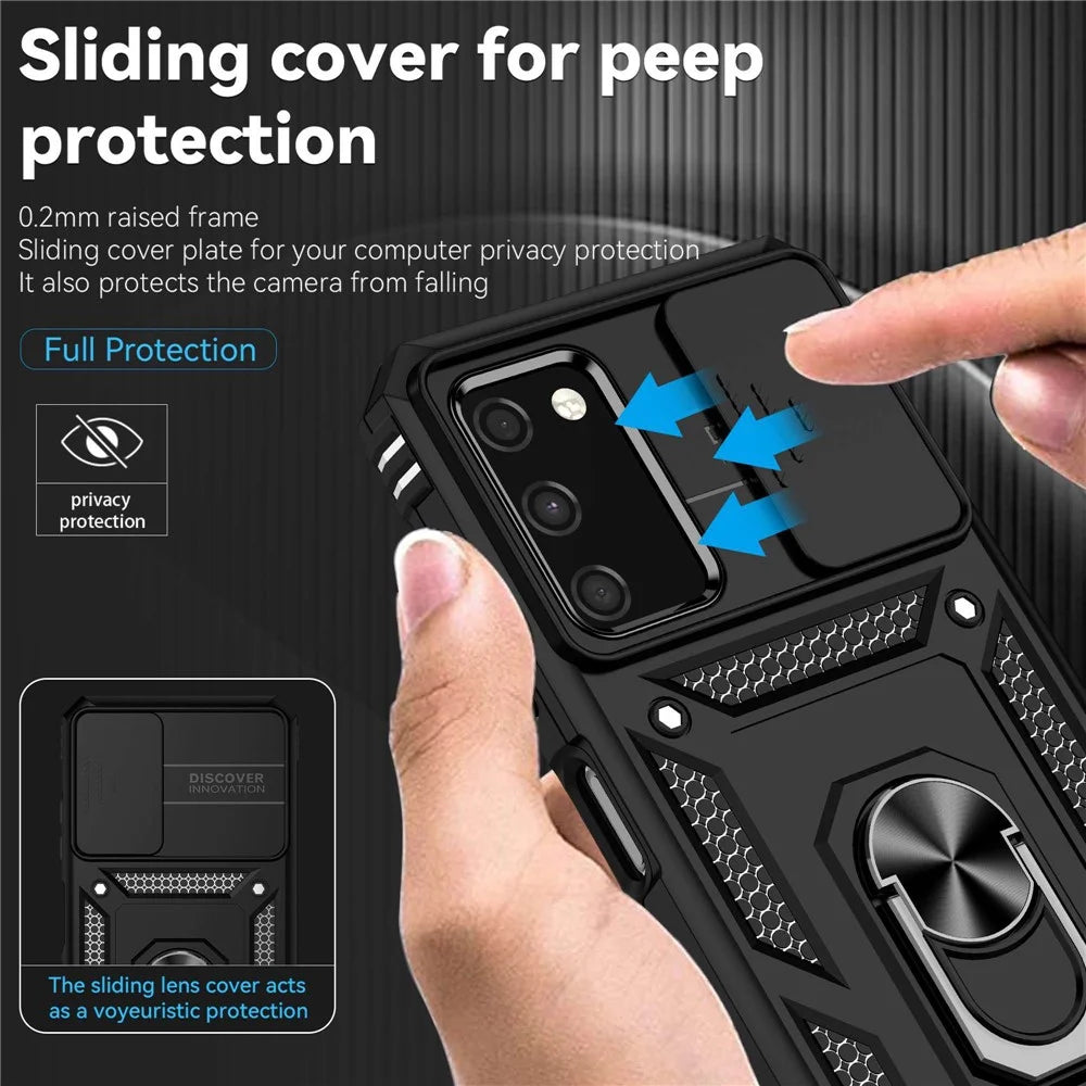 For Samsung Galaxy A03s (165.8mm) (US) Ring Kickstand Phone Case Hard PC + TPU Shockproof Anti-drop Shell with Slide Camera Protection Cover - Black - 5