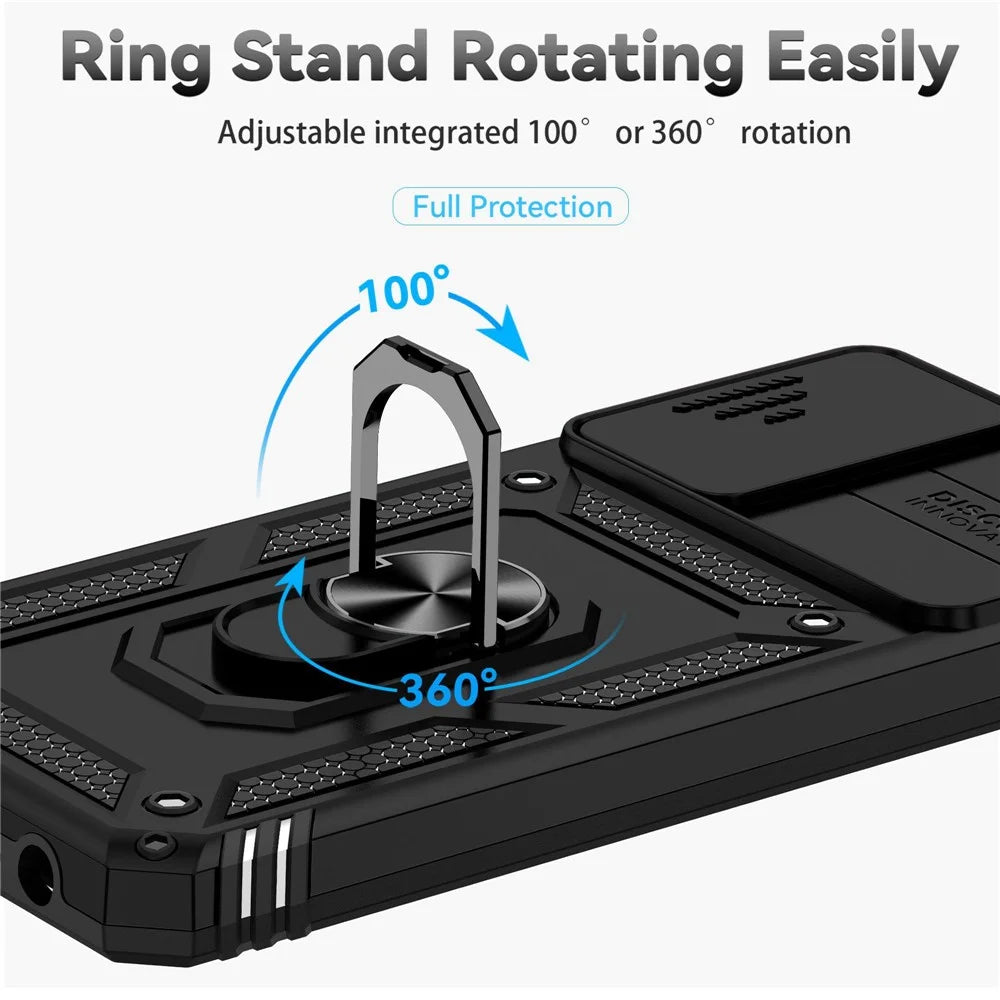 For Samsung Galaxy A03s (165.8mm) (US) Ring Kickstand Phone Case Hard PC + TPU Shockproof Anti-drop Shell with Slide Camera Protection Cover - Black - 6