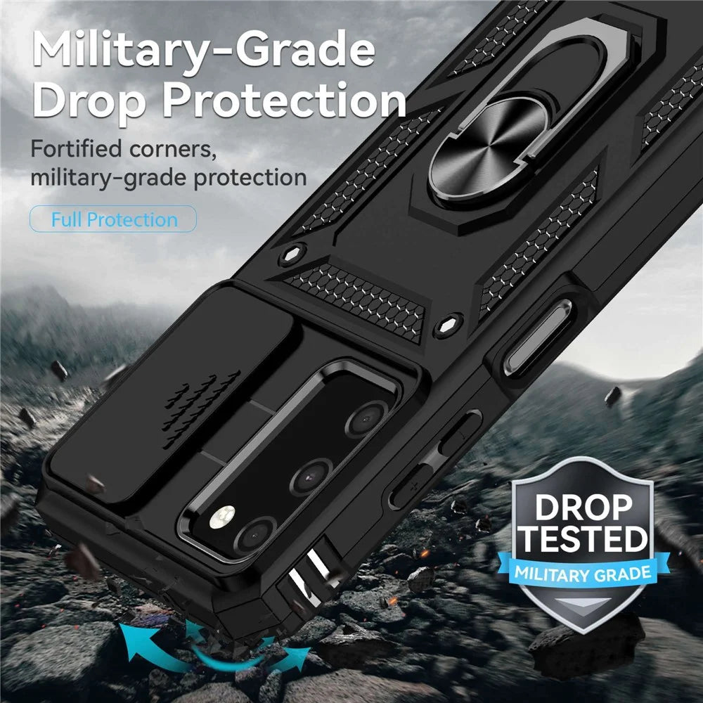 For Samsung Galaxy A03s (165.8mm) (US) Ring Kickstand Phone Case Hard PC + TPU Shockproof Anti-drop Shell with Slide Camera Protection Cover - Black - 7
