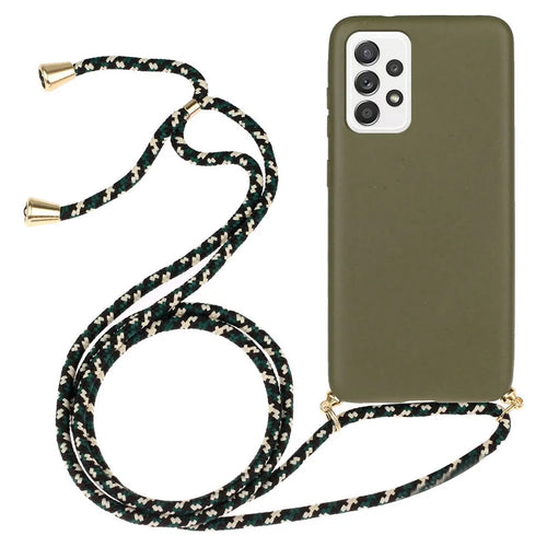 For Samsung Galaxy A33 5G Hanging Strap Design Mobile Phone Cover TPU + Wheat Straw Anti-scratch Phone Back Case - Army Green - 1