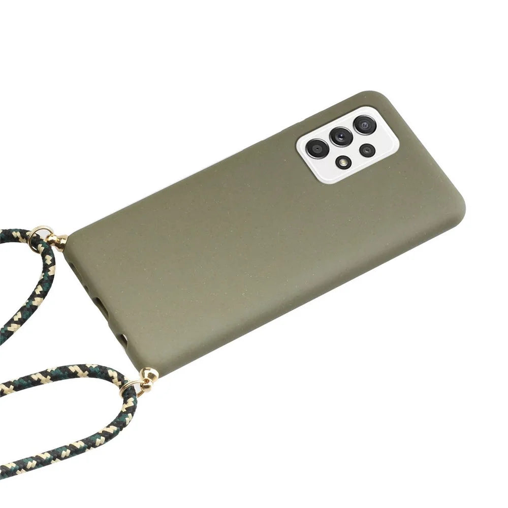 For Samsung Galaxy A33 5G Hanging Strap Design Mobile Phone Cover TPU + Wheat Straw Anti-scratch Phone Back Case - Army Green - 2