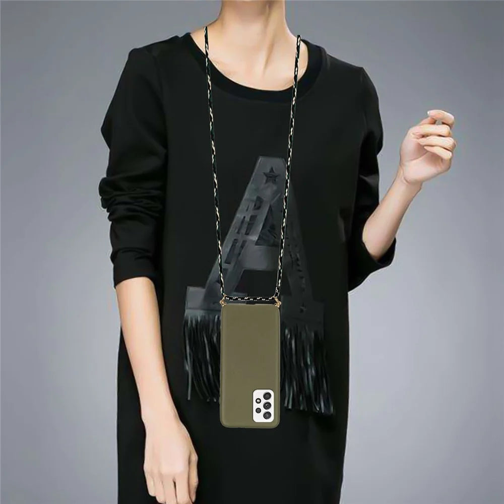 For Samsung Galaxy A33 5G Hanging Strap Design Mobile Phone Cover TPU + Wheat Straw Anti-scratch Phone Back Case - Army Green - 4