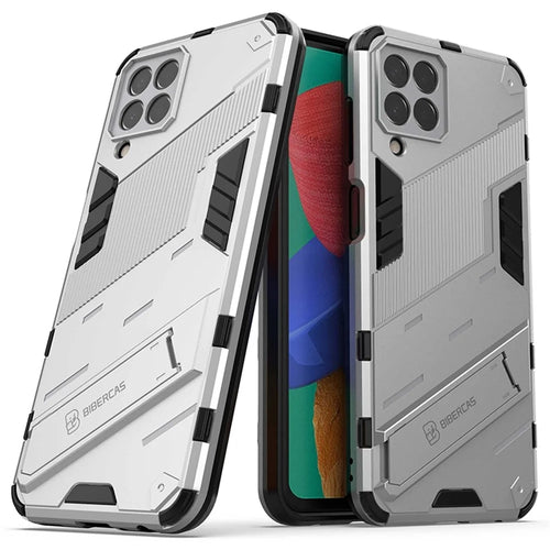 For Samsung Galaxy M33 5G (India Version) Drop-proof Protection Armor Shell Hard PC Soft TPU Cell Phone Case with Kickstand - White - 1