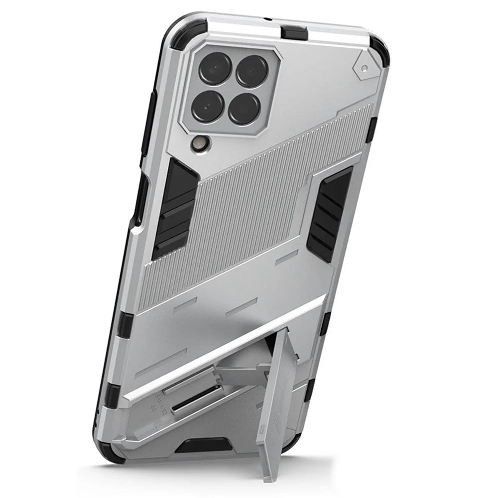 For Samsung Galaxy M33 5G (India Version) Drop-proof Protection Armor Shell Hard PC Soft TPU Cell Phone Case with Kickstand - White - 5
