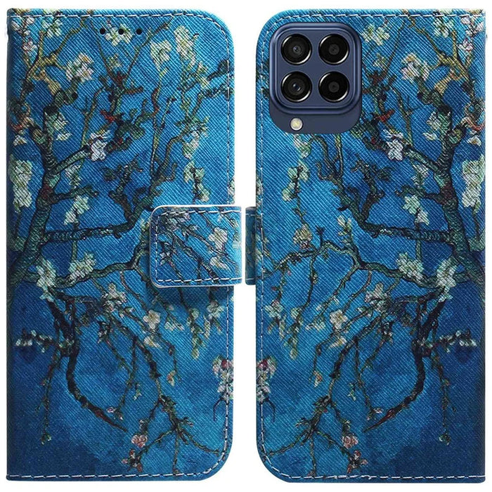 For Samsung Galaxy M33 5G (Global Version) Wallet Style Printed Pattern Well-protected Case Magnetic Closing Stand Soft TPU + PU Leather Phone Shell - Apricot Flowers - 1