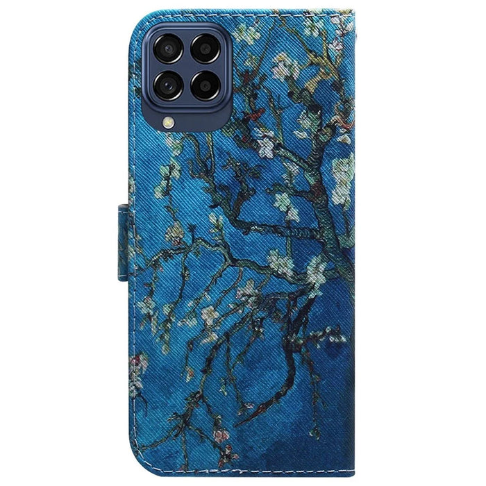 For Samsung Galaxy M33 5G (Global Version) Wallet Style Printed Pattern Well-protected Case Magnetic Closing Stand Soft TPU + PU Leather Phone Shell - Apricot Flowers - 7