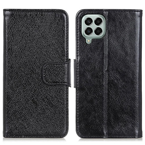 For Samsung Galaxy M33 5G (Global Version) Split Leather Cell Phone Flip Case Drop Resistant Nappa Texture Stand Wallet Magnetic Cover - Black - 1