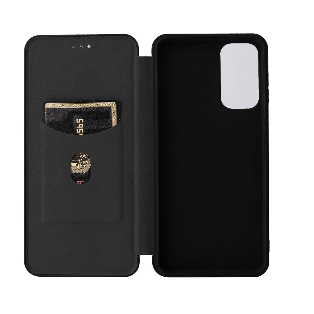 For Samsung Galaxy M23 5G/F23 5G Carbon Fiber Texture Phone Case PU Leather Card Holder Stand Magnetic Closure Cover - Black - 6