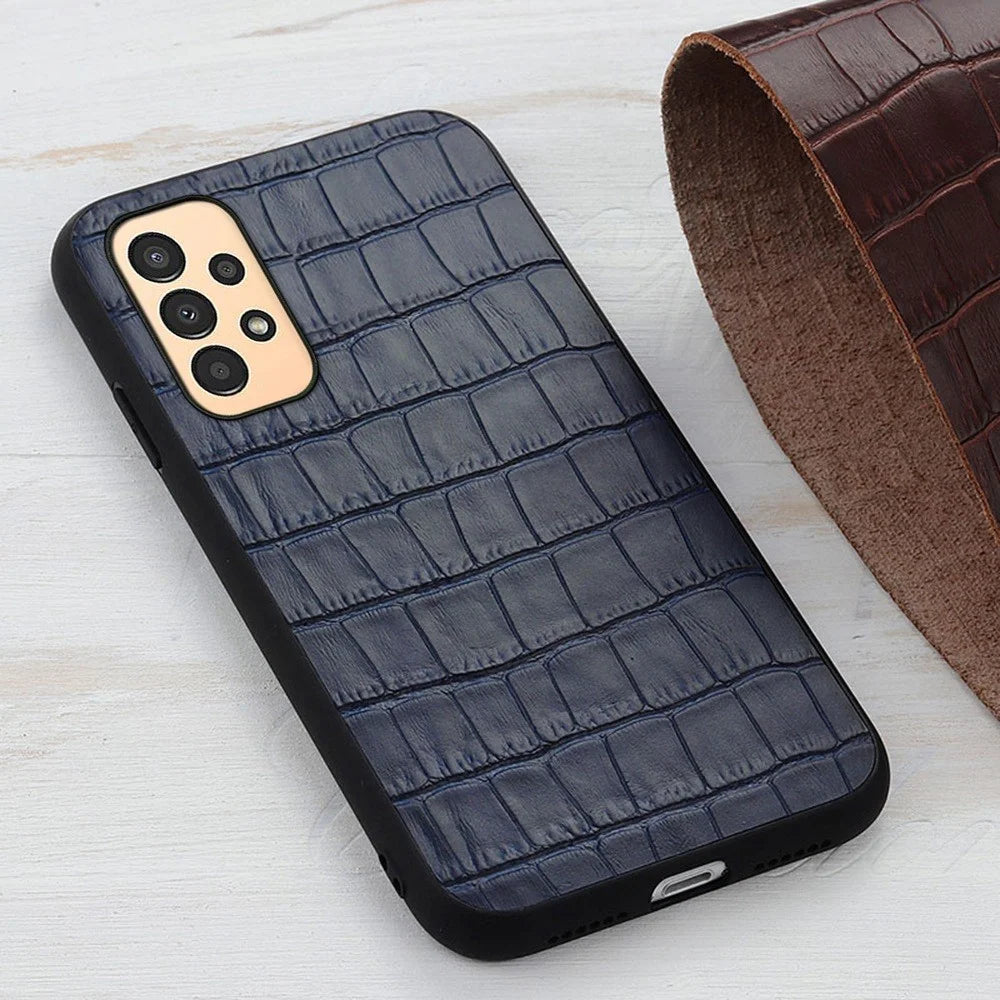 For Samsung Galaxy A13 4G Anti-fall Cover, Crocodile Texture Genuine Leather Coated PC + TPU Phone Back Case - Blue - 3
