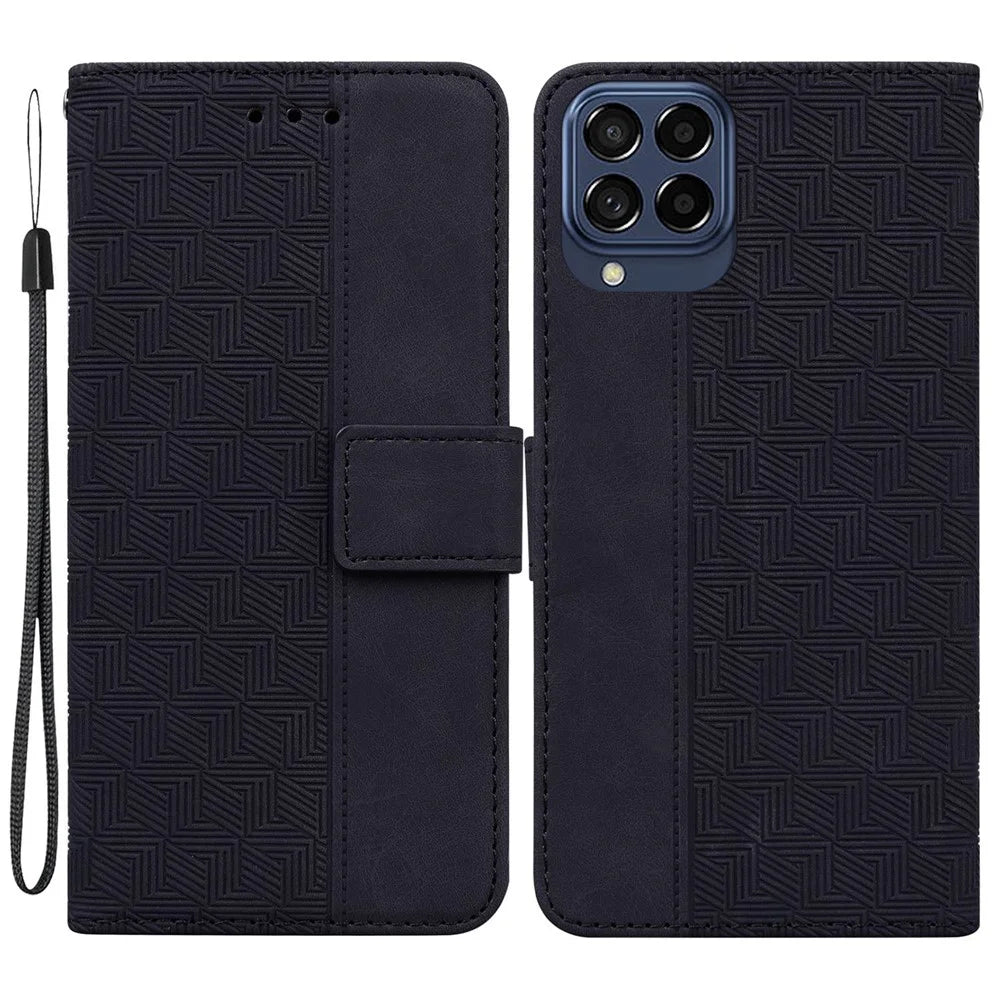 For Samsung Galaxy M53 5G Shockproof Geometry Pattern Imprinted Phone Case PU Leather Wallet Stand Flip Cover with Hand Strap - Black - 1