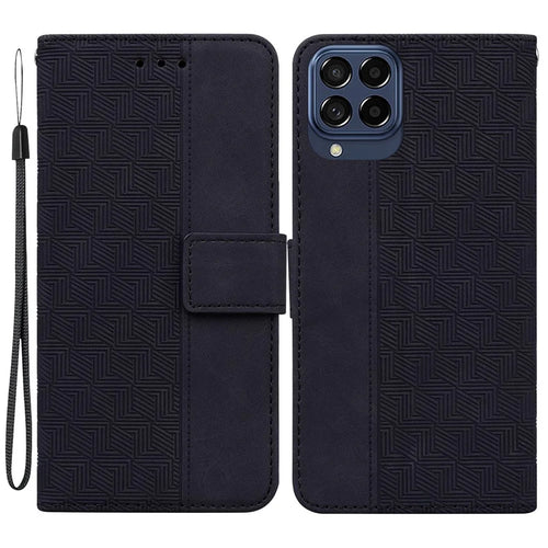 For Samsung Galaxy M53 5G Shockproof Geometry Pattern Imprinted Phone Case PU Leather Wallet Stand Flip Cover with Hand Strap - Black - 1
