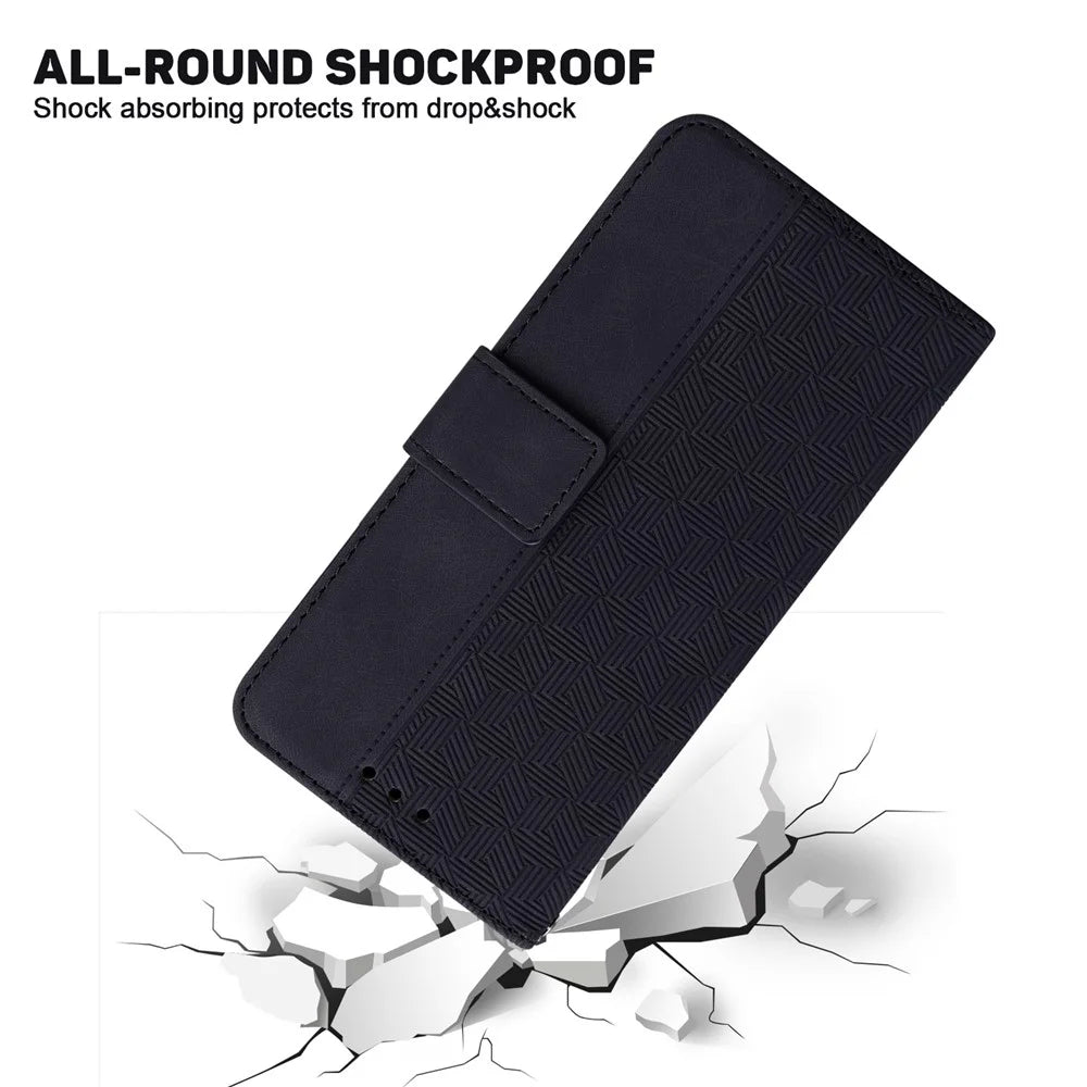 For Samsung Galaxy M53 5G Shockproof Geometry Pattern Imprinted Phone Case PU Leather Wallet Stand Flip Cover with Hand Strap - Black - 5