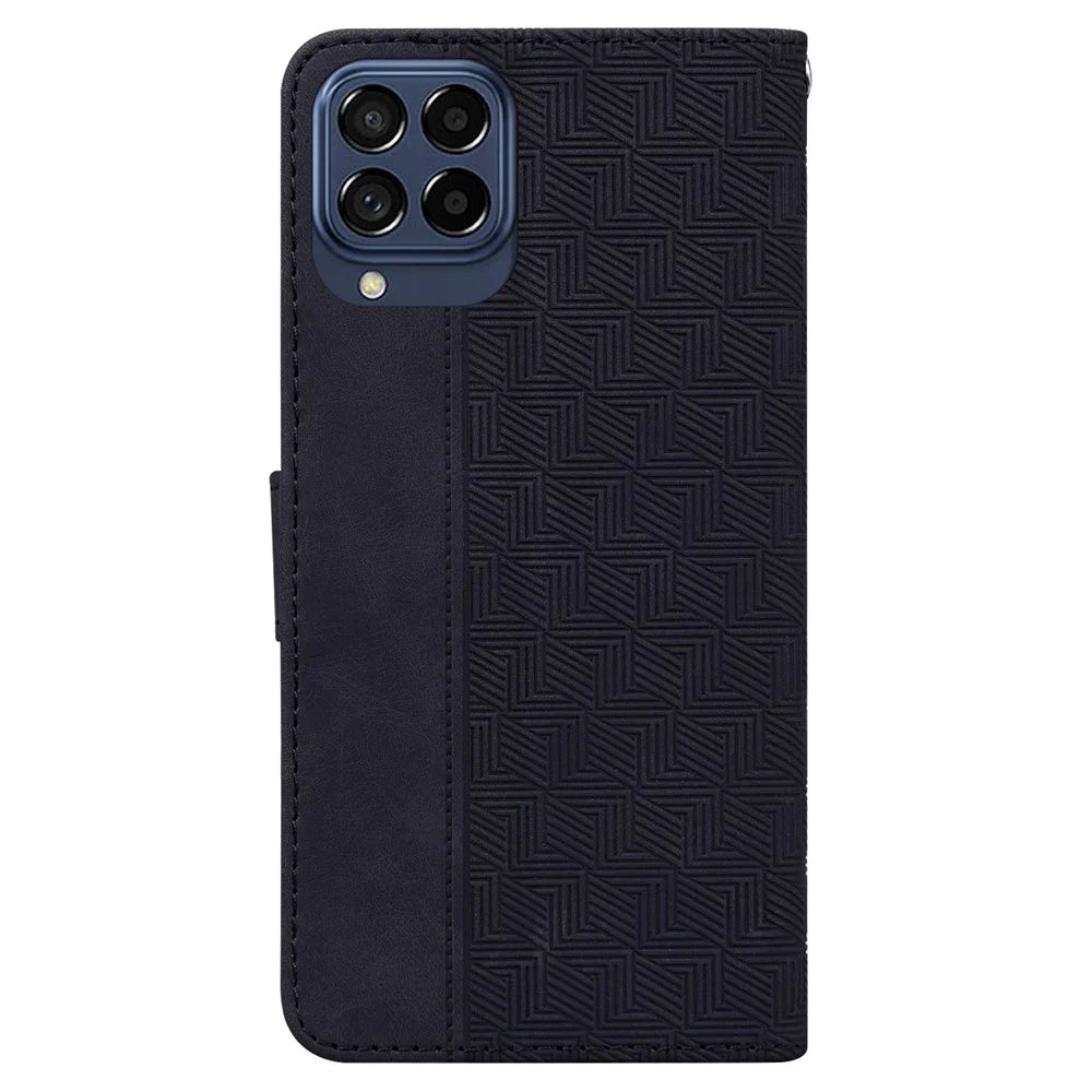 For Samsung Galaxy M53 5G Shockproof Geometry Pattern Imprinted Phone Case PU Leather Wallet Stand Flip Cover with Hand Strap - Black - 7