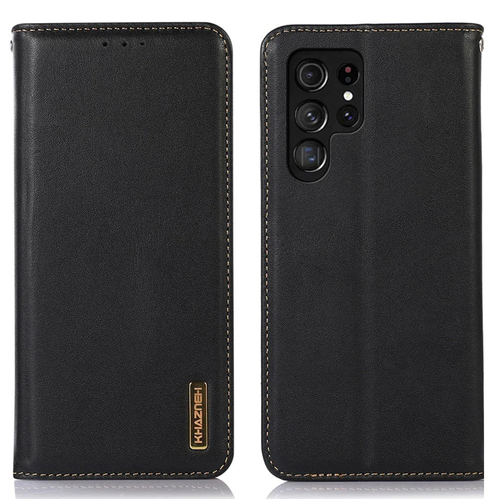 KHAZNEH Protective Case for Samsung Galaxy S22 Ultra 5G Wallet Phone Case Genuine Cowhide Leather Cover Anti-Scratch Magnetic Closure Stand Shell - Black - 1