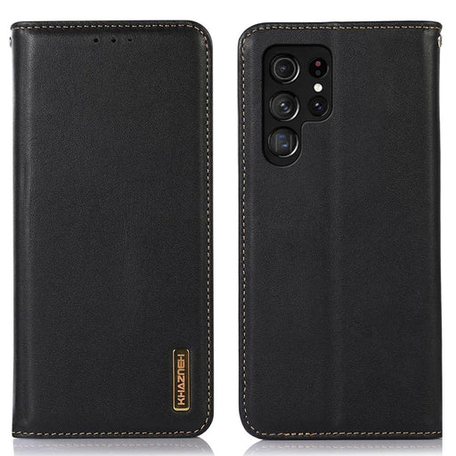 KHAZNEH Protective Case for Samsung Galaxy S22 Ultra 5G Wallet Phone Case Genuine Cowhide Leather Cover Anti-Scratch Magnetic Closure Stand Shell - Black - 1