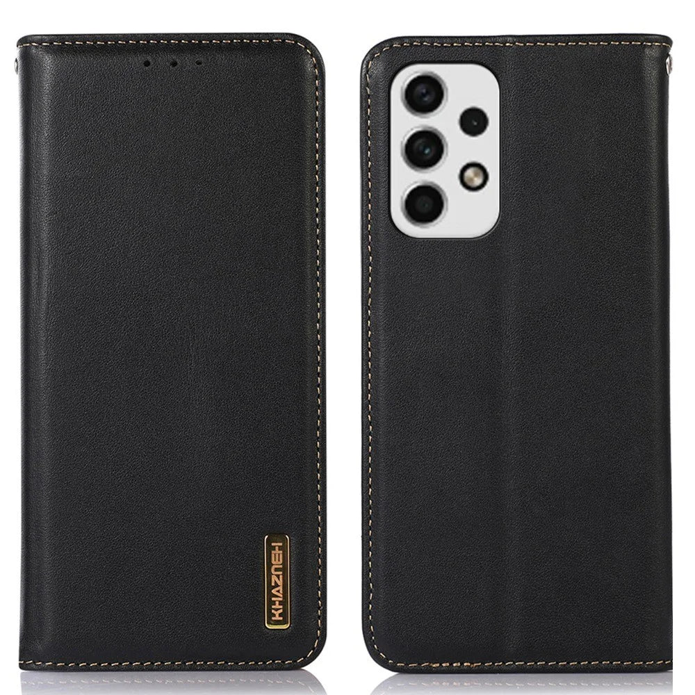 KHAZNEH Shockproof Phone Case for Samsung Galaxy A33 5G Genuine Cowhide Textured Leather Case Protective Folio Flip Cover Magnetic Closure Stand Case with Wallet - Black - 1