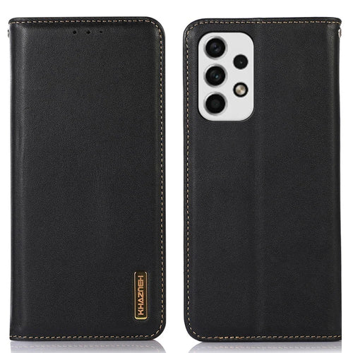 KHAZNEH Shockproof Phone Case for Samsung Galaxy A33 5G Genuine Cowhide Textured Leather Case Protective Folio Flip Cover Magnetic Closure Stand Case with Wallet - Black - 1