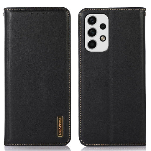KHAZNEH Shockproof Phone Case for Samsung Galaxy A33 5G Genuine Cowhide Textured Leather Case Protective Folio Flip Cover Magnetic Closure Stand Case with Wallet - Black - 1