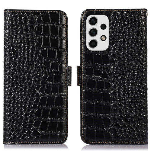 For Samsung Galaxy A53 5G Crocodile Texture RFID Blocking Genuine Cowhide Leather Wallet Phone Cover, Stand Magnetic Flip Folio Case - Black - 1