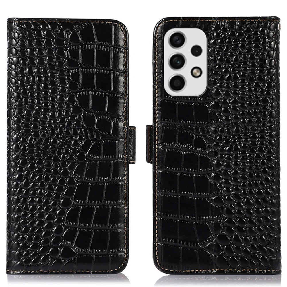 For Samsung Galaxy A53 5G Crocodile Texture RFID Blocking Genuine Cowhide Leather Wallet Phone Cover, Stand Magnetic Flip Folio Case - Black - 1
