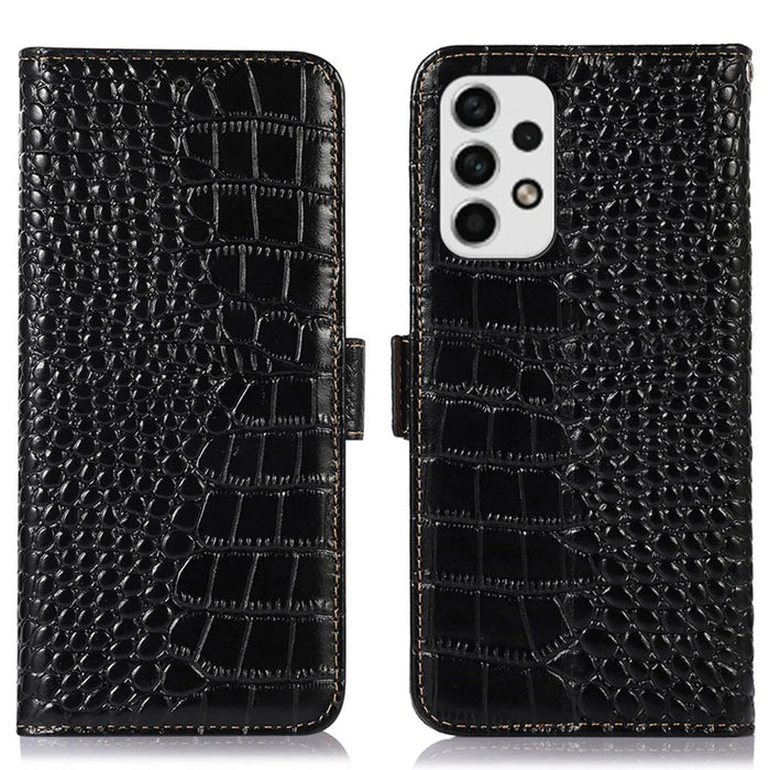 For Samsung Galaxy A53 5G Crocodile Texture RFID Blocking Genuine Cowhide Leather Wallet Phone Cover, Stand Magnetic Flip Folio Case - Black - 1