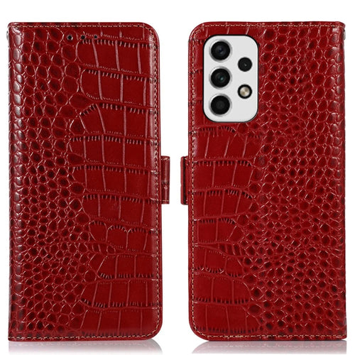 For Samsung Galaxy A33 5G Crocodile Texture RFID Blocking Genuine Cowhide Leather Wallet Phone Cover, Fall Proof Stand Magnetic Flip Folio Case - Red - 1