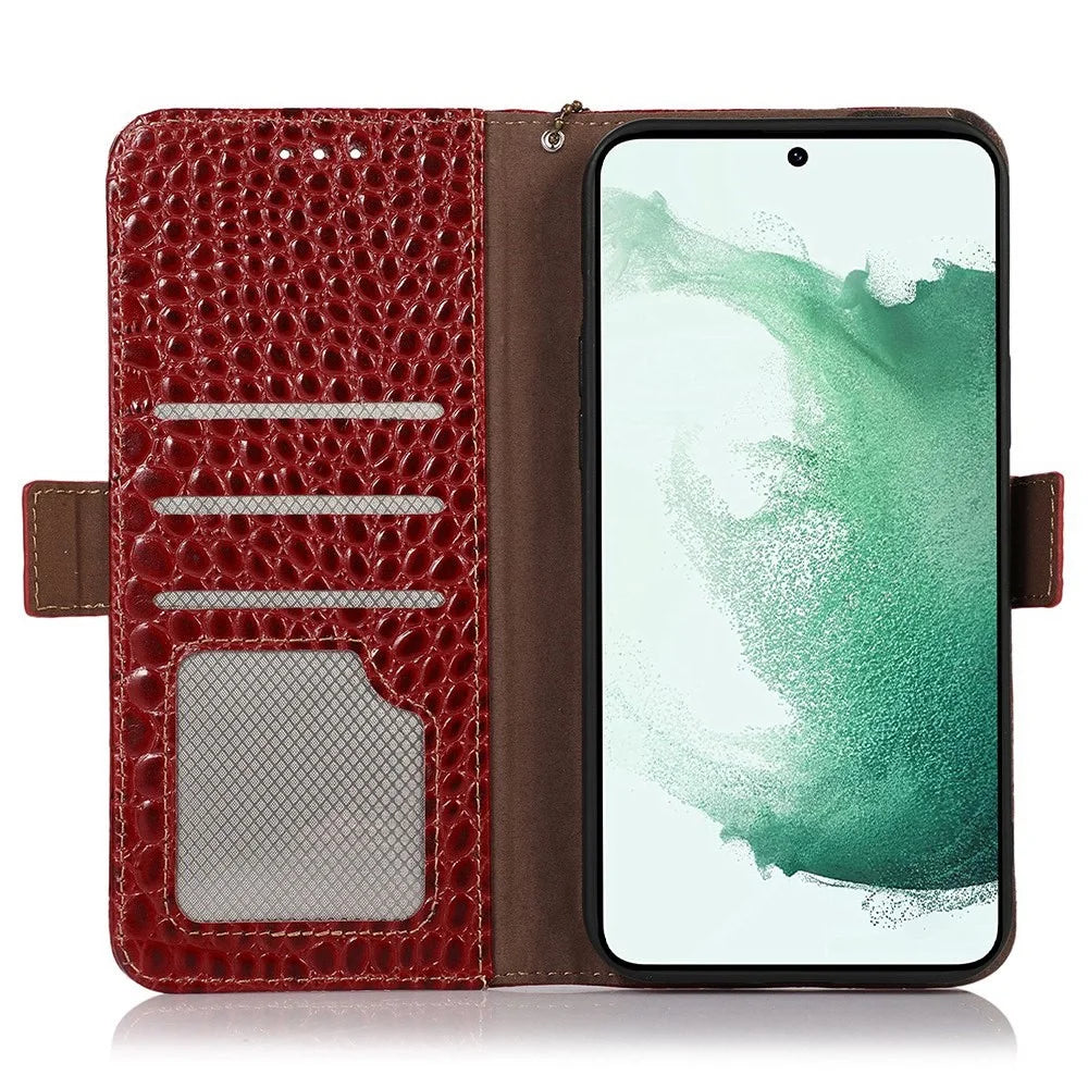 For Samsung Galaxy A33 5G Crocodile Texture RFID Blocking Genuine Cowhide Leather Wallet Phone Cover, Fall Proof Stand Magnetic Flip Folio Case - Red - 2