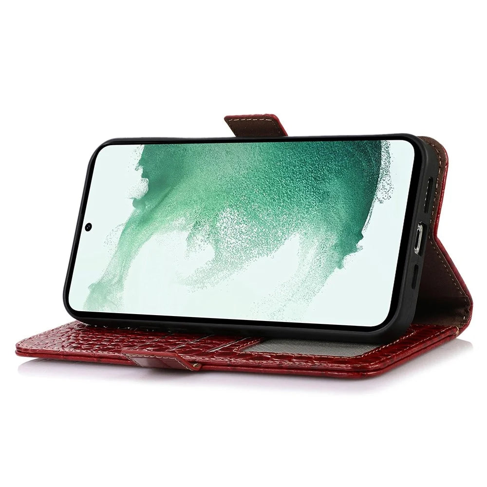 For Samsung Galaxy A33 5G Crocodile Texture RFID Blocking Genuine Cowhide Leather Wallet Phone Cover, Fall Proof Stand Magnetic Flip Folio Case - Red - 3
