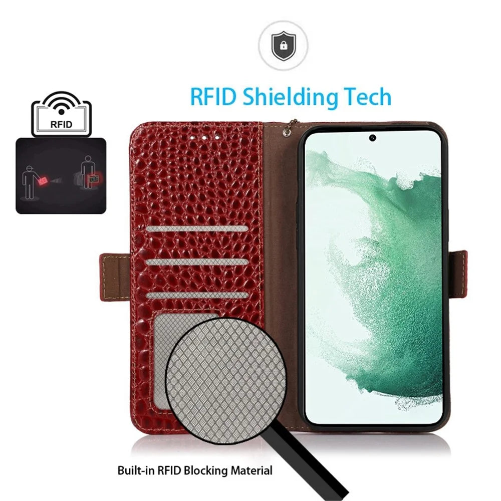 For Samsung Galaxy A33 5G Crocodile Texture RFID Blocking Genuine Cowhide Leather Wallet Phone Cover, Fall Proof Stand Magnetic Flip Folio Case - Red - 4