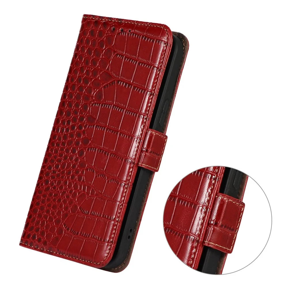 For Samsung Galaxy A33 5G Crocodile Texture RFID Blocking Genuine Cowhide Leather Wallet Phone Cover, Fall Proof Stand Magnetic Flip Folio Case - Red - 5