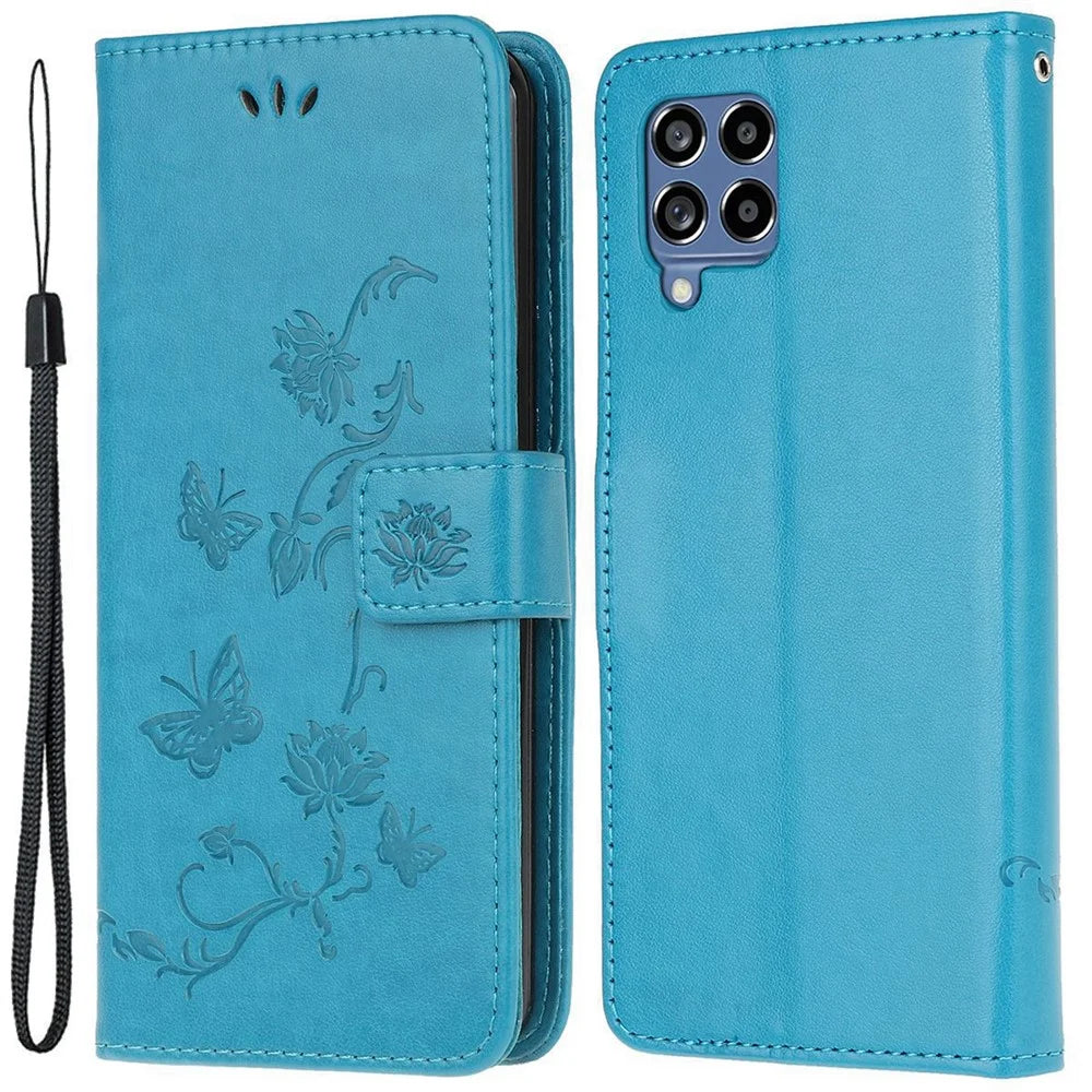 For Samsung Galaxy M33 5G (India Version) PU Leather Magnetic Flip Cover Butterfly Flower Imprinted Stand Hand Strap Wallet Purse Case - Blue - 1