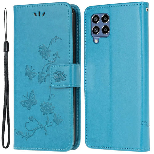 For Samsung Galaxy M33 5G (India Version) PU Leather Magnetic Flip Cover Butterfly Flower Imprinted Stand Hand Strap Wallet Purse Case - Blue - 1