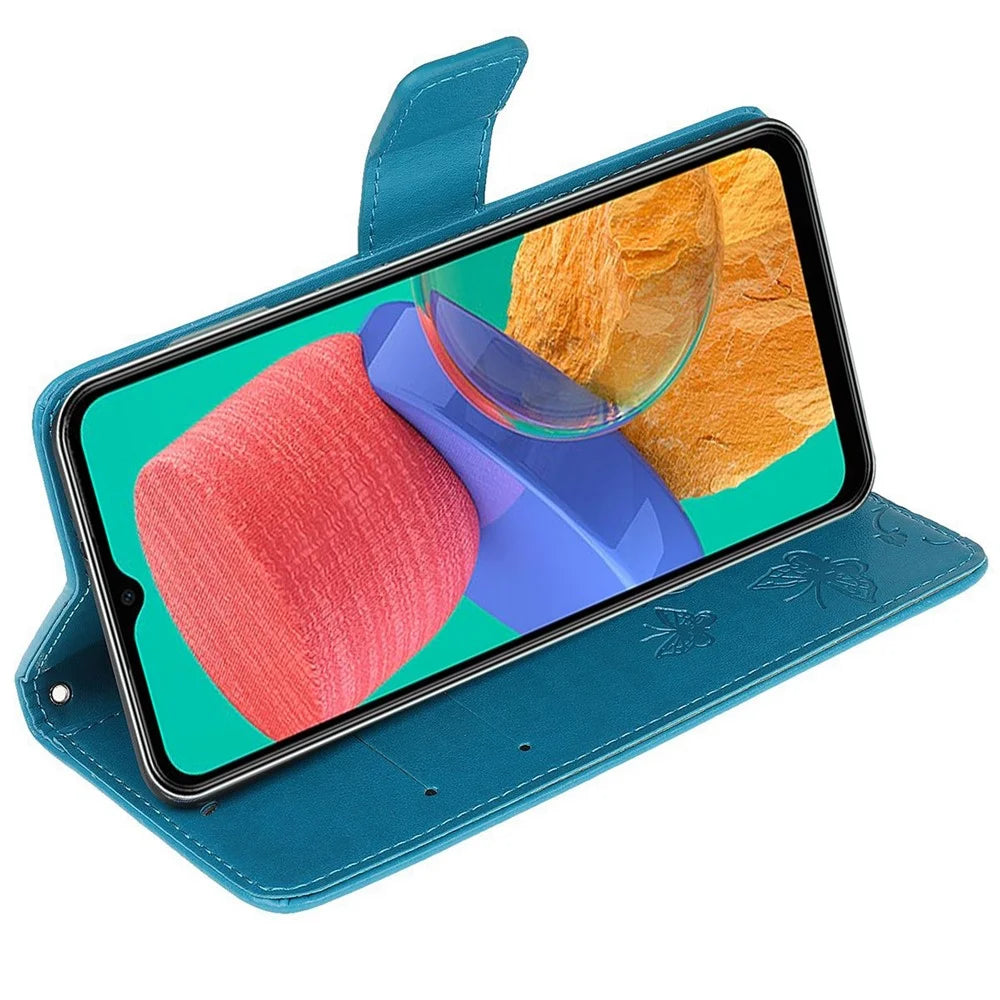 For Samsung Galaxy M33 5G (India Version) PU Leather Magnetic Flip Cover Butterfly Flower Imprinted Stand Hand Strap Wallet Purse Case - Blue - 2