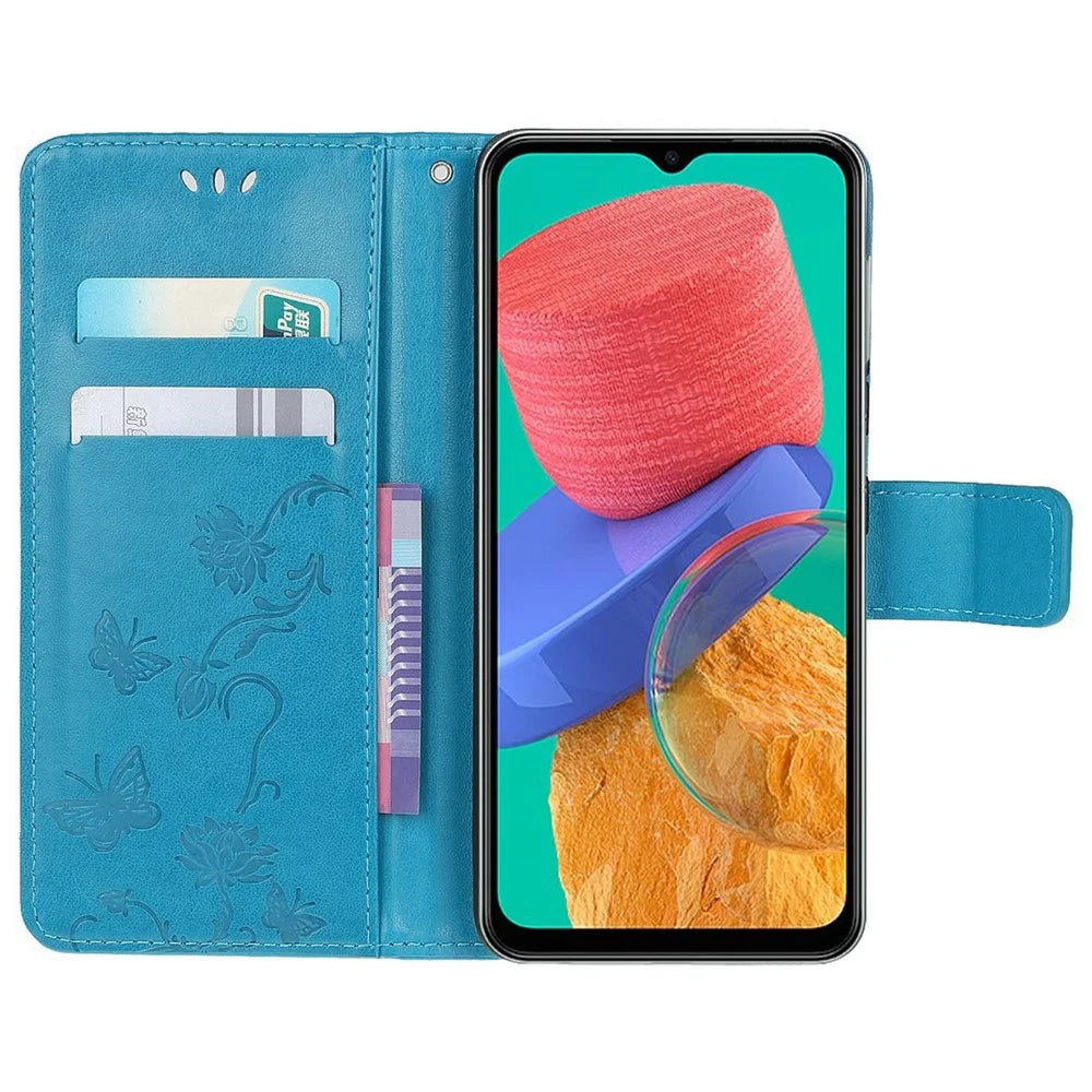 For Samsung Galaxy M33 5G (India Version) PU Leather Magnetic Flip Cover Butterfly Flower Imprinted Stand Hand Strap Wallet Purse Case - Blue - 3