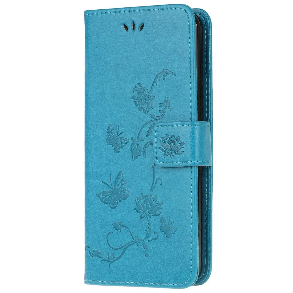 For Samsung Galaxy M33 5G (India Version) PU Leather Magnetic Flip Cover Butterfly Flower Imprinted Stand Hand Strap Wallet Purse Case - Blue - 4
