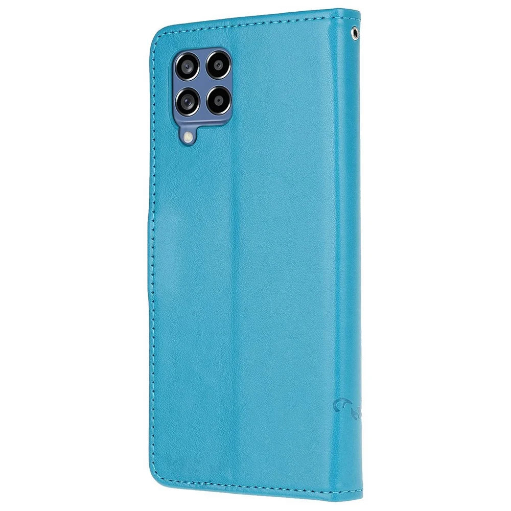 For Samsung Galaxy M33 5G (India Version) PU Leather Magnetic Flip Cover Butterfly Flower Imprinted Stand Hand Strap Wallet Purse Case - Blue - 5