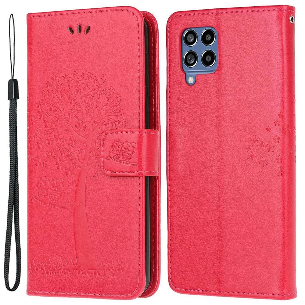 For Samsung Galaxy M33 5G (India Version) PU Leather Owl Tree Pattern Imprinted Phone Cover Wallet Viewing Stand Anti-Drop Protective Case with Wrist Strap - Red - 1