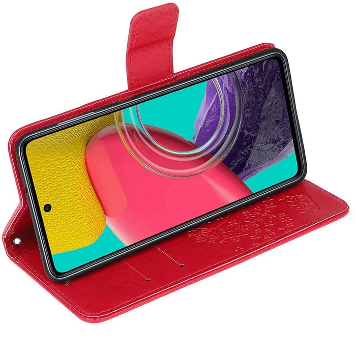 For Samsung Galaxy M33 5G (India Version) PU Leather Owl Tree Pattern Imprinted Phone Cover Wallet Viewing Stand Anti-Drop Protective Case with Wrist Strap - Red - 2