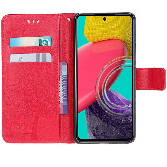 For Samsung Galaxy M33 5G (India Version) PU Leather Owl Tree Pattern Imprinted Phone Cover Wallet Viewing Stand Anti-Drop Protective Case with Wrist Strap - Red - 3