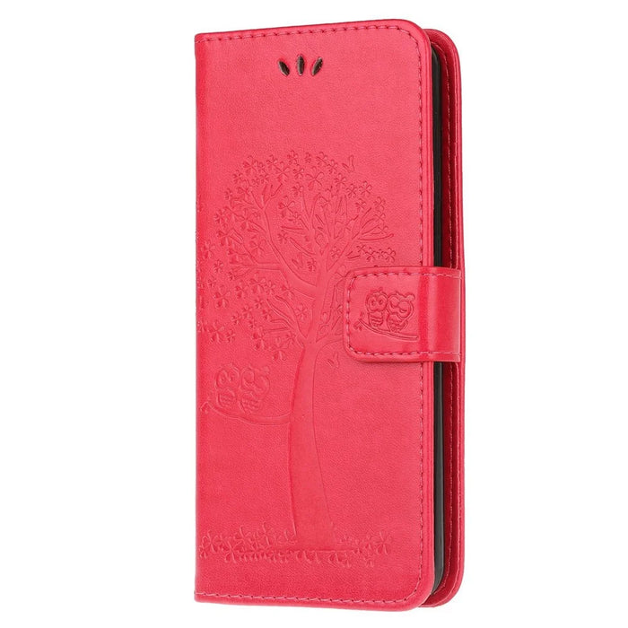 For Samsung Galaxy M33 5G (India Version) PU Leather Owl Tree Pattern Imprinted Phone Cover Wallet Viewing Stand Anti-Drop Protective Case with Wrist Strap - Red - 4