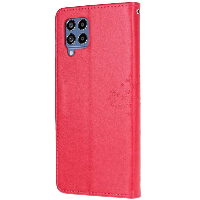 For Samsung Galaxy M33 5G (India Version) PU Leather Owl Tree Pattern Imprinted Phone Cover Wallet Viewing Stand Anti-Drop Protective Case with Wrist Strap - Red - 5