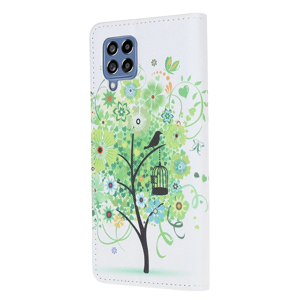 For Samsung Galaxy M53 5G Cross Texture Stylish Pattern Printing PU Leather Phone Case Stand Wallet Flip Cover - Green Tree - 6