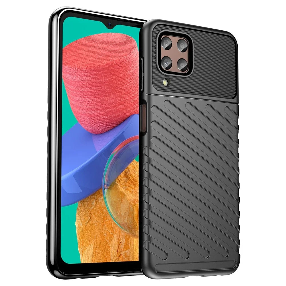 Thunder Series Twill Texture Grip Case for Samsung Galaxy M33 5G (Global Version)/(India Version), Thickened TPU Buffer Protection Anti-Drop Cover - Black - 1