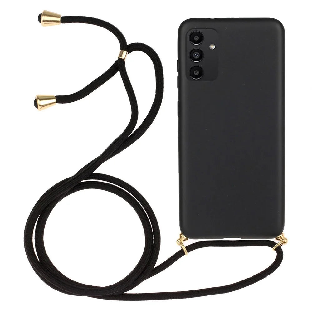 For Samsung Galaxy A13 4G/5G Wheat Straw and TPU Combination Phone Case with Long Adjustable Lanyard - Black - 1