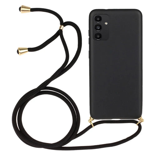 For Samsung Galaxy A13 4G/5G Wheat Straw and TPU Combination Phone Case with Long Adjustable Lanyard - Black - 1