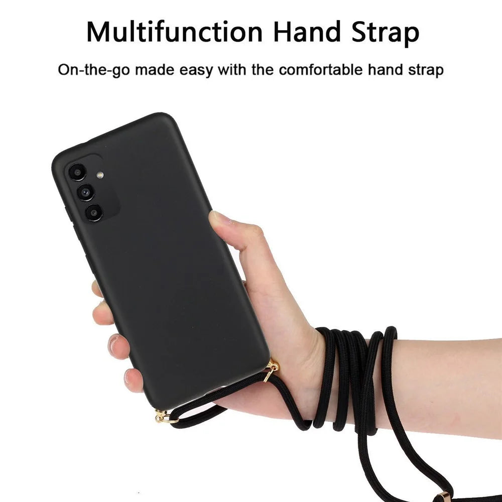 For Samsung Galaxy A13 4G/5G Wheat Straw and TPU Combination Phone Case with Long Adjustable Lanyard - Black - 3
