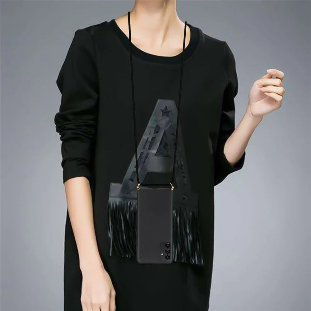 For Samsung Galaxy A13 4G/5G Wheat Straw and TPU Combination Phone Case with Long Adjustable Lanyard - Black - 4